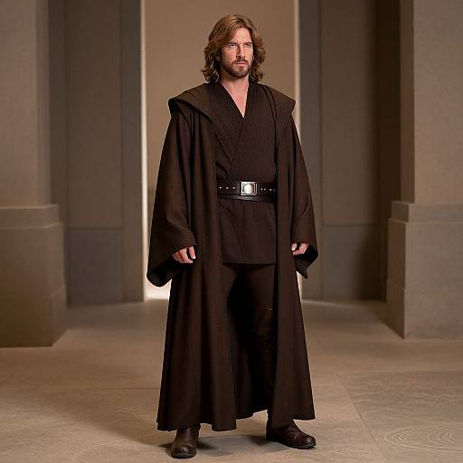 Photograph of a bearded man with shoulder-length brown hair, wearing a long black Jedi robe and belt, standing in a dimly lit, industrial