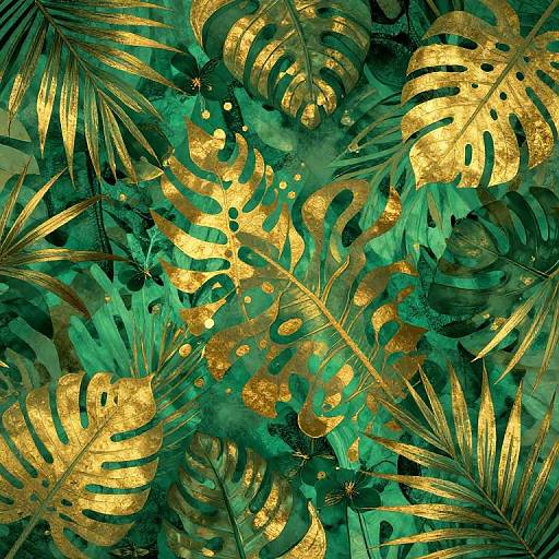 Vibrant digital artwork of green tropical leaves with glittery gold accents, creating a lush, exotic pattern. Leaves overlap intricately, highlighting their detailed