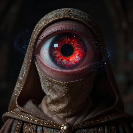 Photorealistic CGI of a hooded, stone-like figure with a single, glowing red eye centered in the dark, eerie background.