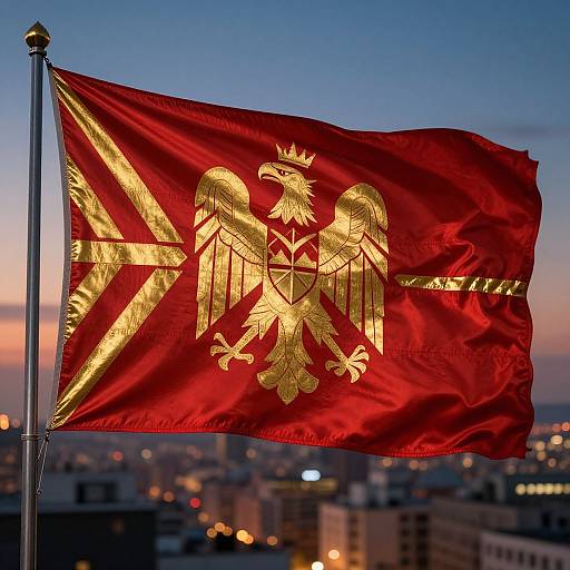 Photograph of a red flag with a gold double-headed eagle and diagonal yellow cross, waving against a twilight cityscape.