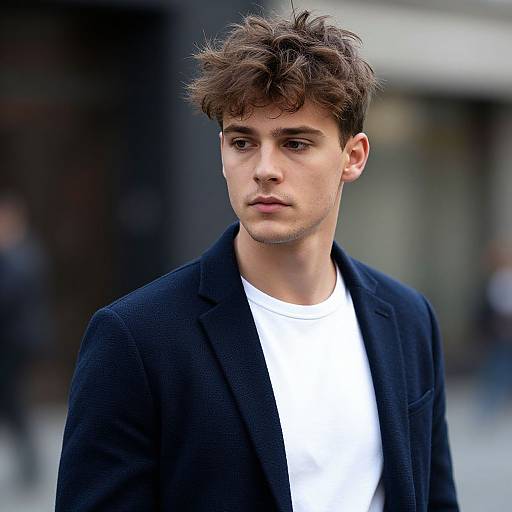 Photograph of a young, light-skinned man with tousled brown hair, wearing a black blazer over a white t-shirt, standing outdoors with