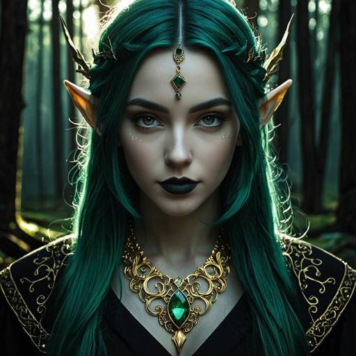 Elven Woman with Emerald Hair and Golden Jewelry