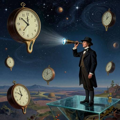Vintage-suited man in top hat gazes through telescope at floating clocks against a starry, cosmic landscape on a glass platform.