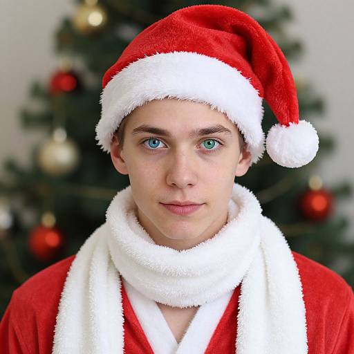 Photograph of a young man with blue eyes, wearing a red Santa hat and red Santa outfit with white trim, in front of a blurred Christmas tree