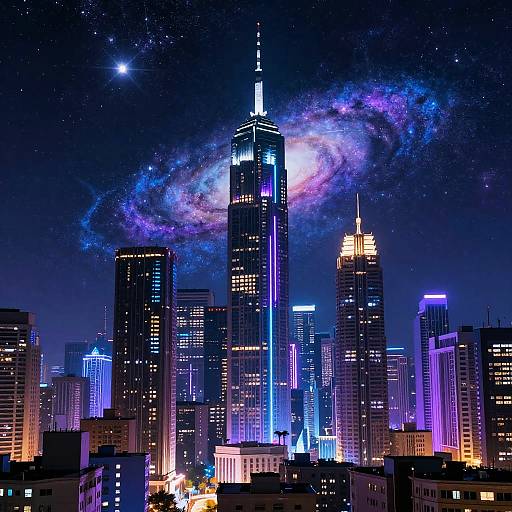 Digital artwork of a cityscape at night featuring the illuminated Empire State Building with a vibrant, glowing Milky Way galaxy overhead.