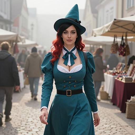 Photograph of a red-haired woman in a teal witch costume with a pointed hat, white blouse, and black belt, walking through a sunlit,