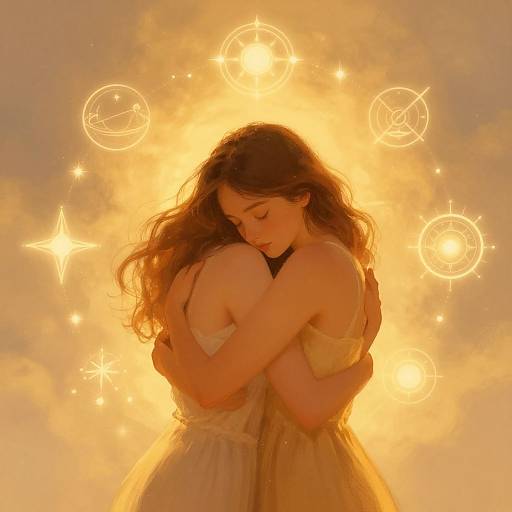 Photograph of two women in white dresses hugging, bathed in golden light with glowing circles and stars in the background.