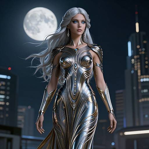 Digital art of a silver-haired woman in a reflective, metallic, form-fitting dress, standing under a full moon in a futuristic cityscape.