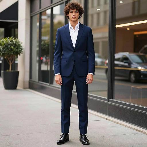 Photograph of a young man with curly brown hair, wearing a navy blue suit, white shirt, and black shoes, standing on a city sidewalk in