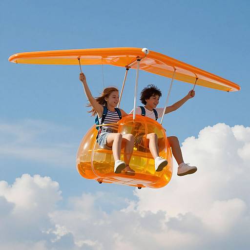 Photograph of two children, one girl with long brown hair and one boy with curly black hair, flying in an orange, transparent, winged bubble