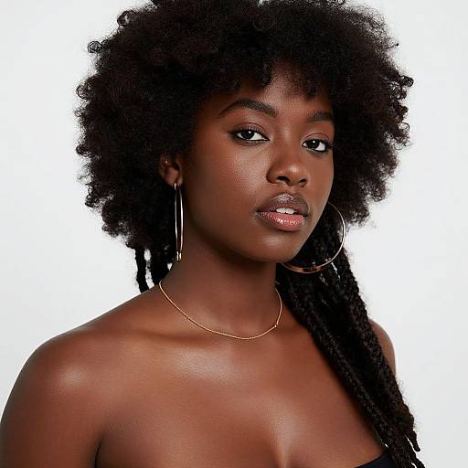 Photograph of a beautiful, dark-skinned African woman with natural afro, long braids, hoop earrings, gold necklace, and glossy lips against