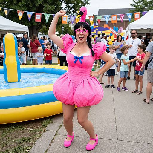 Photograph of a smiling woman in a pink, puffy dress, pink shoes, and pink bunny ears, flexing her arm at a colorful outdoor