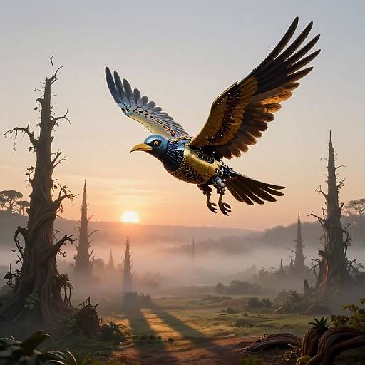 Digital painting of a colorful, mythical bird with outstretched wings soaring over a misty, sunlit, post-apocalyptic landscape with barren trees.