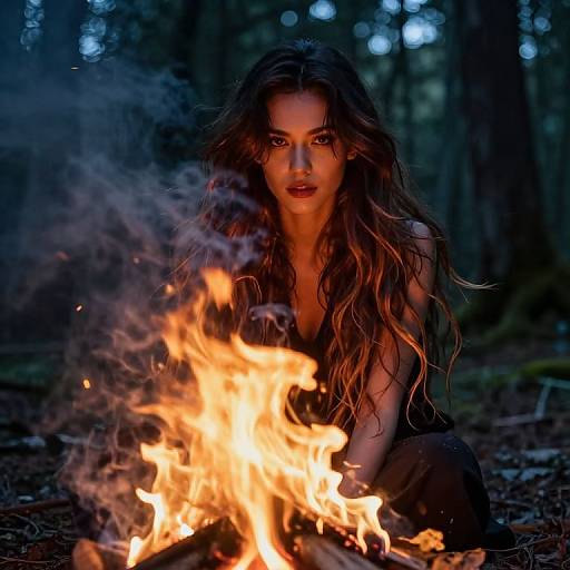 Photograph of a long-haired woman with intense gaze, crouching by a bright, roaring campfire in a dark, forested night.