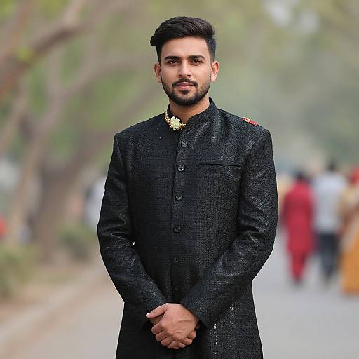 Photograph of a handsome South Asian man with dark hair and beard, wearing a black textured traditional jacket with red shoulder epaulettes, standing on