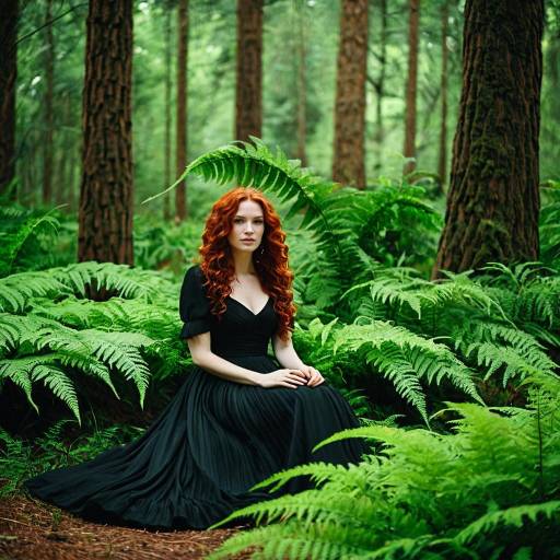Red-haired Woman in Black Dress in Forest