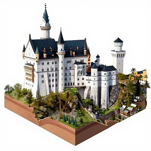 Isometric digital illustration of a white, medieval-style castle with multiple towers, black roofs, and surrounding greenery, set against a white background.