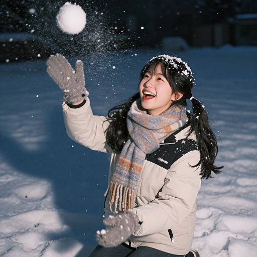 Photograph of a smiling Asian woman with long black hair, wearing a white winter jacket, gray gloves, and a colorful scarf, playfully tossing a