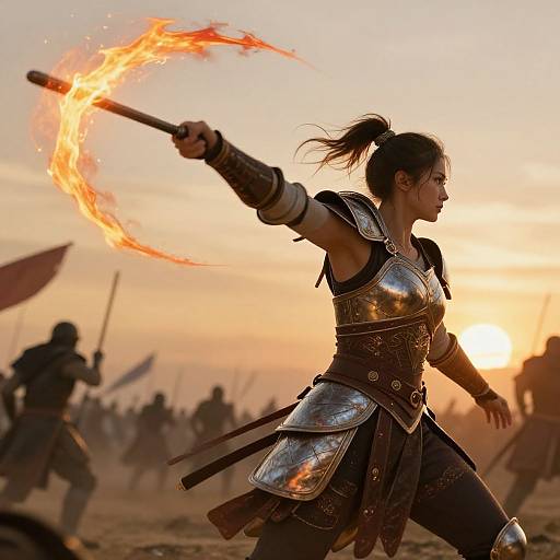 Photograph of a fierce female warrior in metallic armor wielding a flaming sword, silhouetted against a sunset battlefield. Silhouetted soldiers in