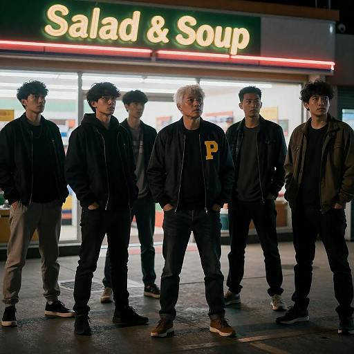 Group of Men Standing Outside Convenience Store at Night