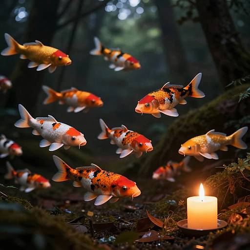 Luminous Koi Floating in Candlelit Forest