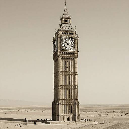 Sepia-toned photograph of London's iconic Big Ben clock tower standing alone in a barren, desert-like landscape under a clear sky.