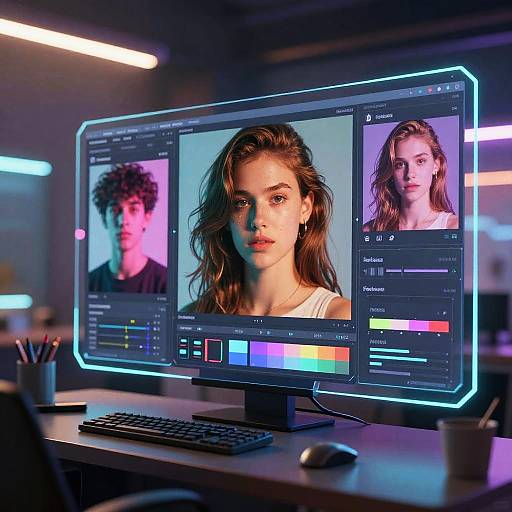 Photograph of a glowing, neon-lit computer monitor displaying three portrait photos of women with different hairstyles and expressions, in a modern, dimly lit