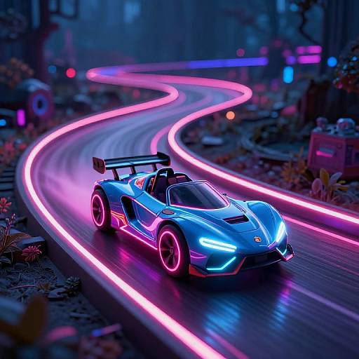 Neon-lit, blue sports car with pink headlights and glowing pink taillights speeds down a winding road at night, surrounded by blurred city lights