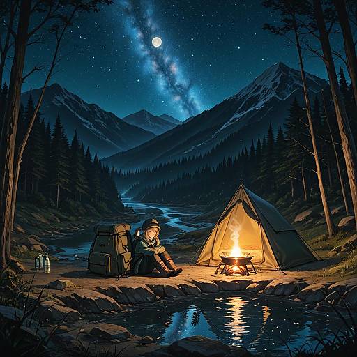 Girl Camping Under Starry Sky in Mountain Valley