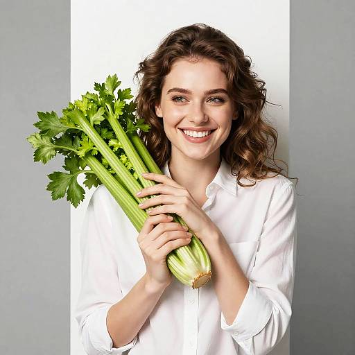 Smiling Woman Holding Fresh Celery