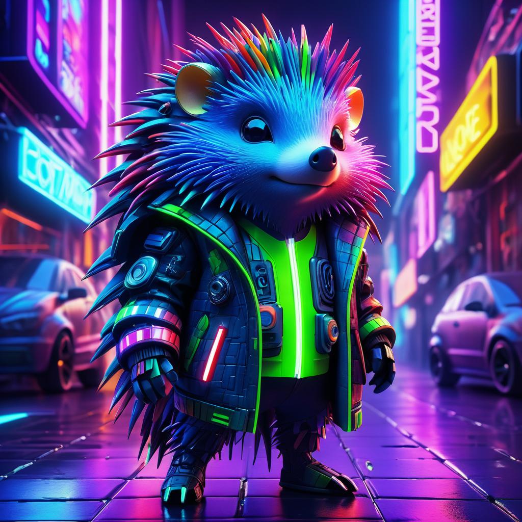 Cyberpunk Hedgehog in Neon Cityscape