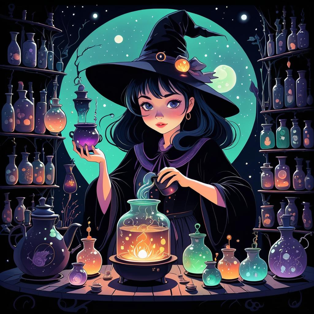 Quirky Witch Brewing Potions Art