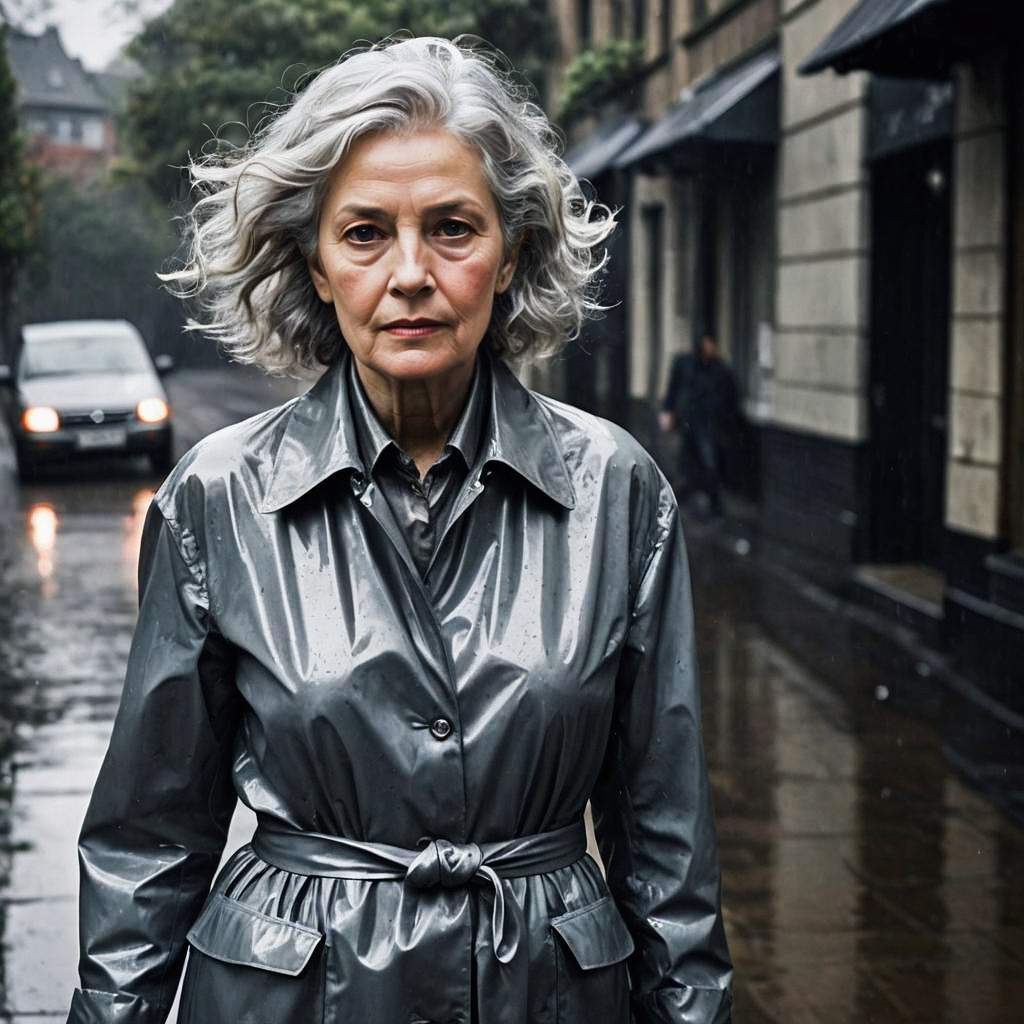 Frustrated Elderly Lady in Rainy Outfit