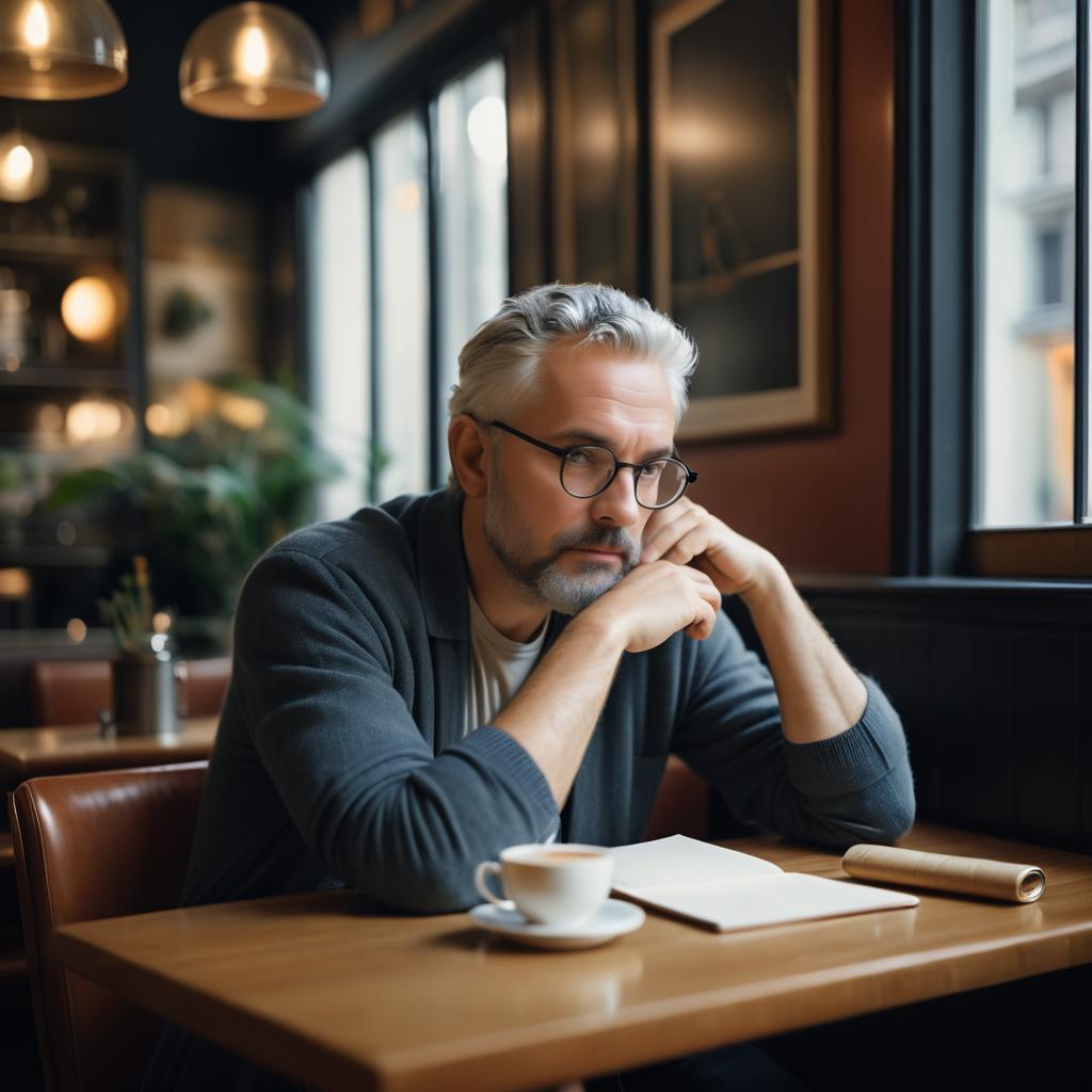 Reflective Philosopher in a Cozy Café