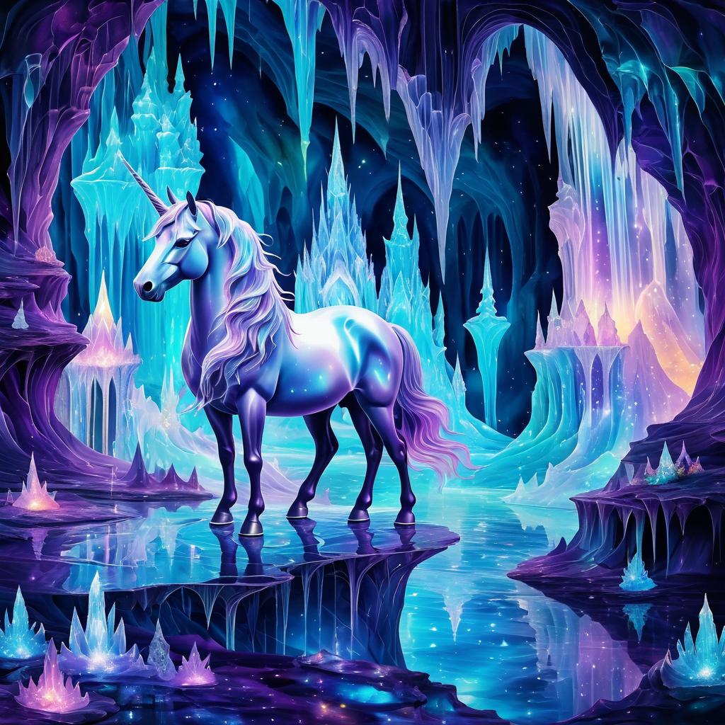 Surreal Unicorn in a Crystal Cave