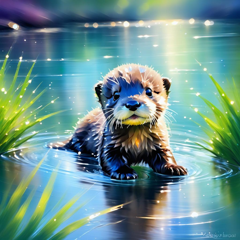 Vibrant Otter Pup in Impressionist River