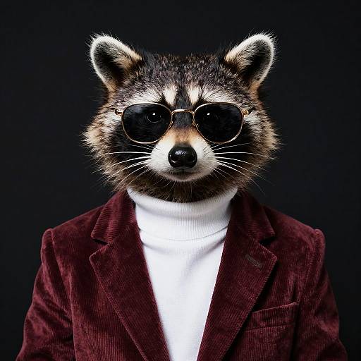 Photograph of a raccoon wearing black sunglasses, a white turtleneck, and a maroon velvet blazer against a black background.