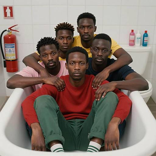 Five Men Sitting Together in Bathtub