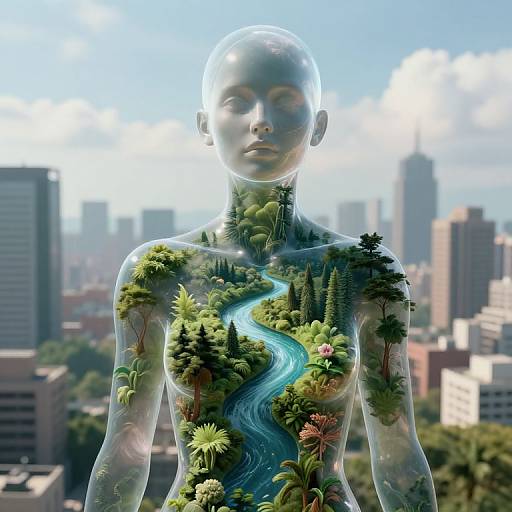 Digital artwork of a transparent, bald woman with a cityscape background, her body replaced by lush greenery, trees, and a winding blue river.