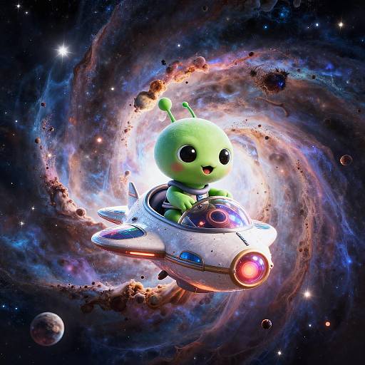 Cheerful Green Alien in Shiny Spaceship