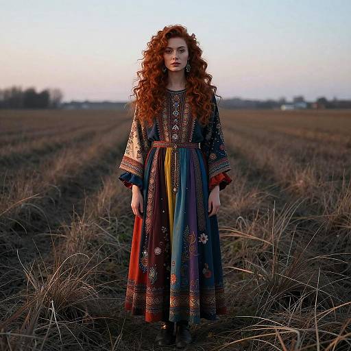 Photograph of a red-haired woman with curly hair, wearing a long, colorful, embroidered dress, standing in a barren field at sunset.