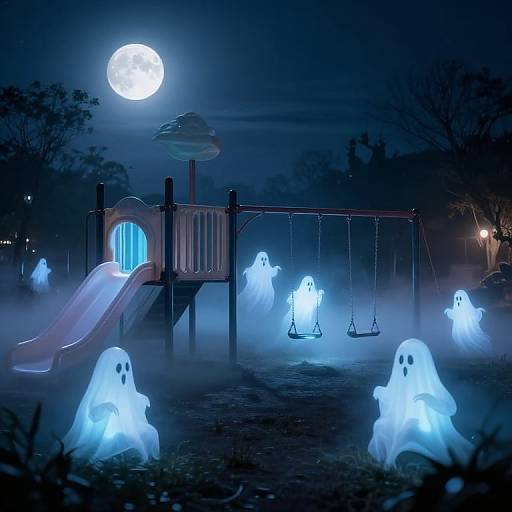 Photograph of a moonlit playground with glowing blue ghost figures on swings and a slide, surrounded by mist and trees.