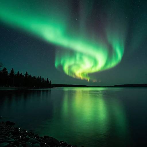 Photograph of a mesmerizing aurora borealis with green and yellow lights swirling above a calm, reflective lake and dark forest shoreline.