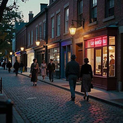 Photograph of a cobblestone street at dusk, with people walking past illuminated brick buildings and a brightly lit La vie en Rose shop. Warm yellow