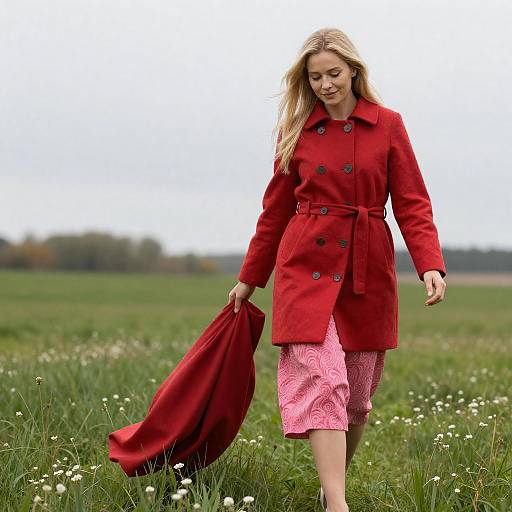 Blonde Woman in Red Coat in Field