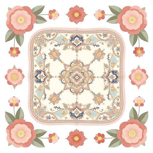 Digital floral design with pink peonies, small orange-red flowers, and intricate central mandala pattern in pastel colors, framed by green leaves.