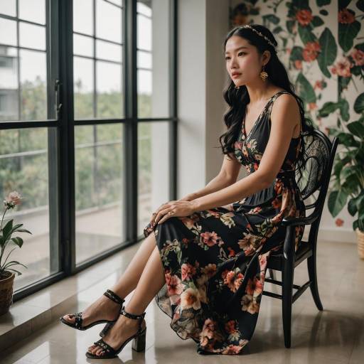 Elegant woman in floral dress sitting indoors