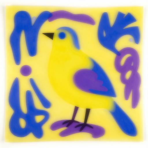 Abstract digital painting of a yellow bird with blue wings and legs, surrounded by blue and purple abstract shapes on a yellow background.