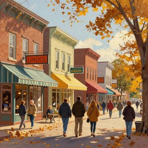 Colorful photograph of a sunlit autumn street with people walking past brick buildings, yellow and green awnings, and vibrant orange leaves. 