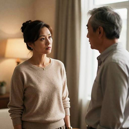Serious Conversation Between Middle-Aged Asian Couple Indoors